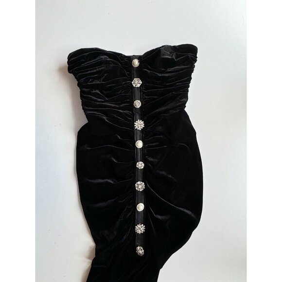 VERONICA BEARD Palo Black Silk Velvet Rhinestone Strapless Draped Dress, Size L - Picture 8 of 16